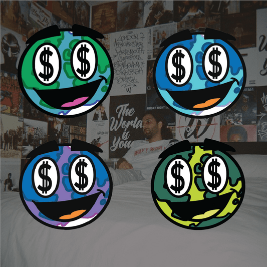 Wavy World Sticker Pack 1 featuring bold dollar sign emojis in colorful designs on a background of music posters.