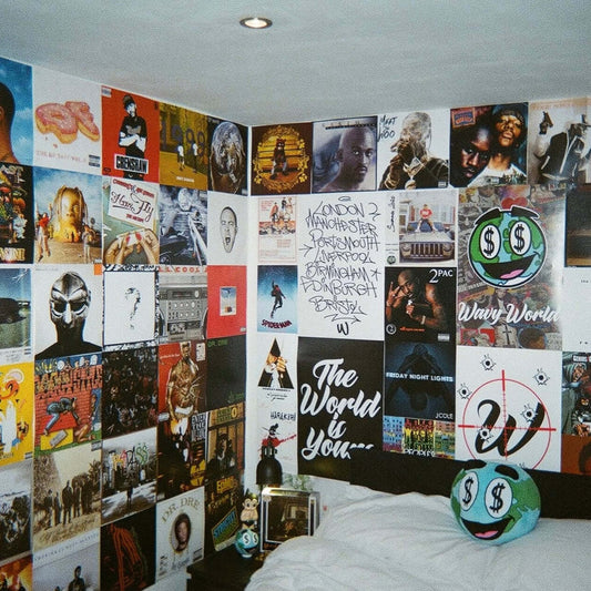 Wavy World Posters from Drop 1 – Hip Hop & Cereal, styled on a red wall with vintage records, sneakers, and stacked cereal boxes—bringing animated nostalgia and street-level energy to your space.