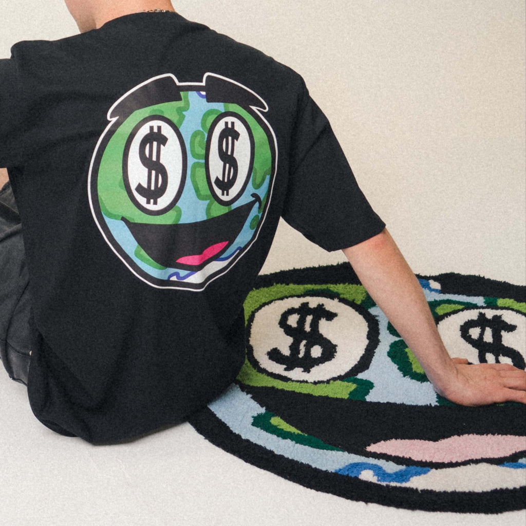 Wavy World Tufted Rug from Drop 1 – Hip Hop & Cereal, laid out in a clean creative space. Bringing cartoon chaos and cozy vibes to the floor.