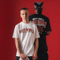 People wearing the black and white Wavy World Varsity Tee from Drop 1 - Hip Hop & Cereal, styled with casual streetwear pieces, standing against a Red background.